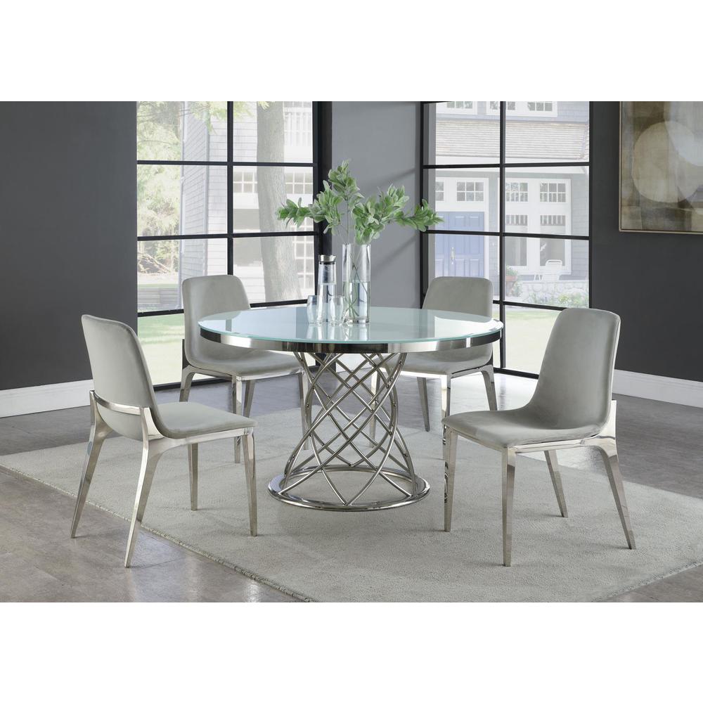 Irene Round Glass Top Dining Table White and Chrome. Picture 4