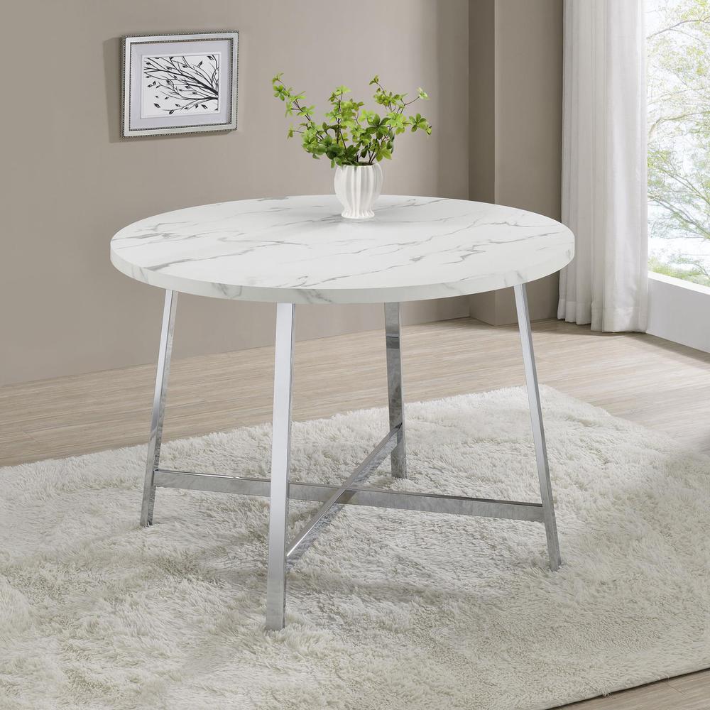 Alcott Round Faux Carrara Marble Top Dining Table Chrome. Picture 1
