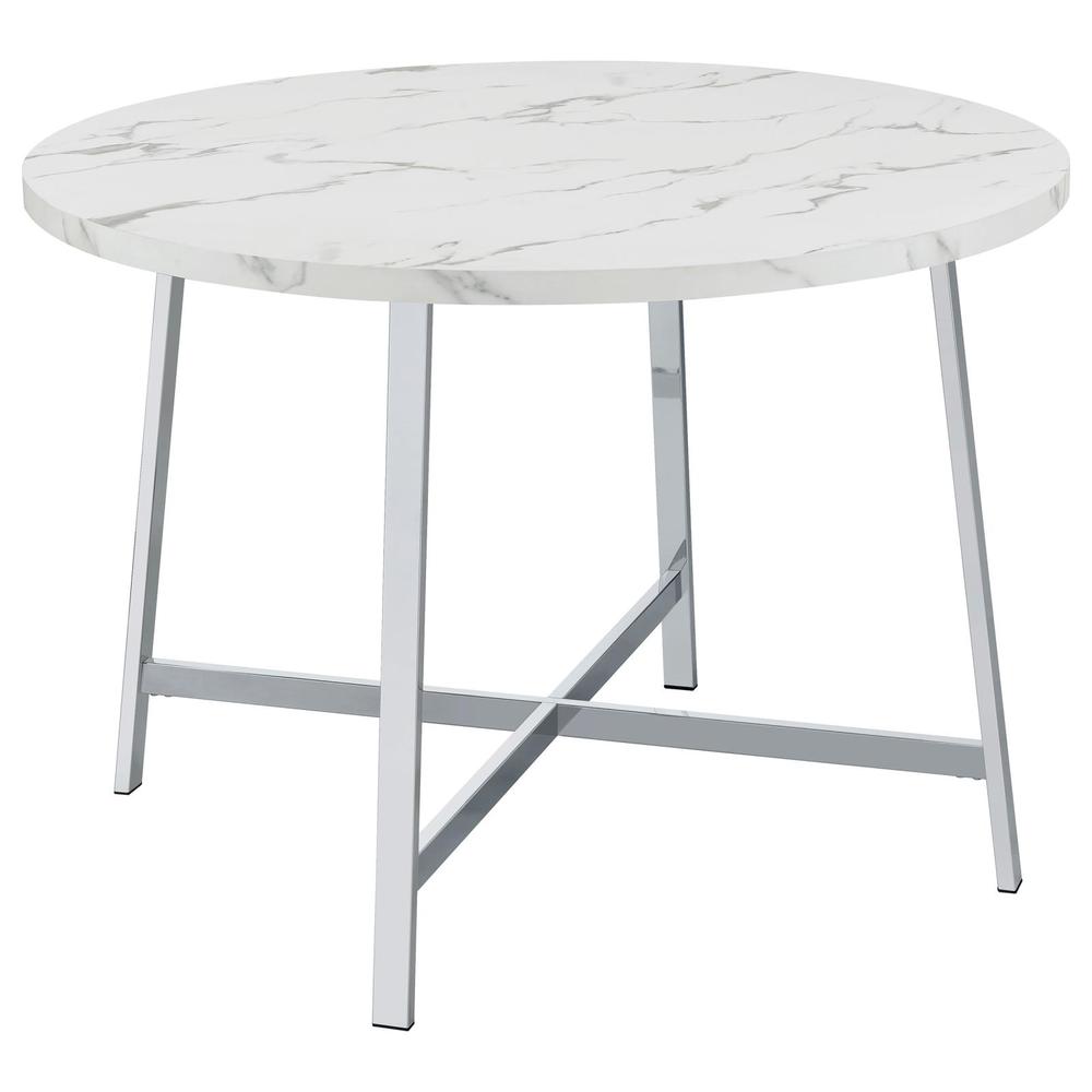 Alcott Round Faux Carrara Marble Top Dining Table Chrome. Picture 12