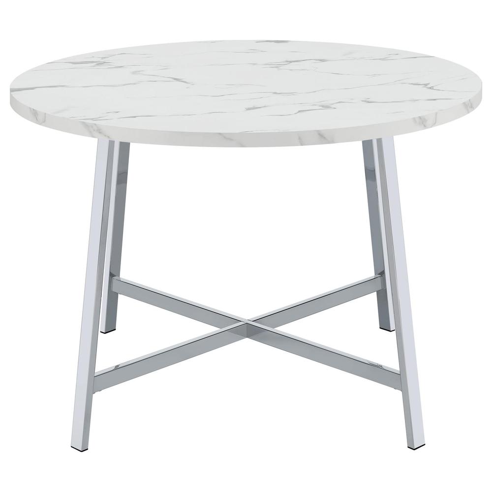 Alcott Round Faux Carrara Marble Top Dining Table Chrome. Picture 2