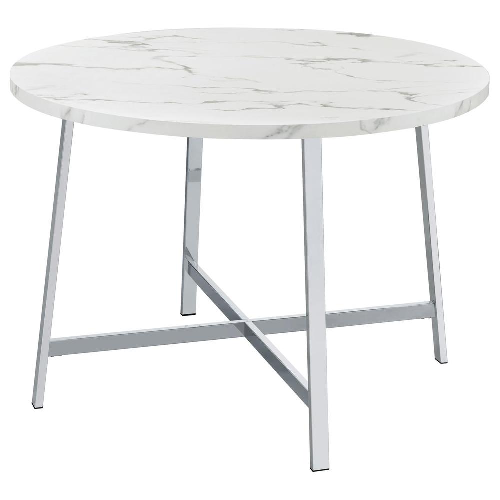 Alcott Round Faux Carrara Marble Top Dining Table Chrome. Picture 3