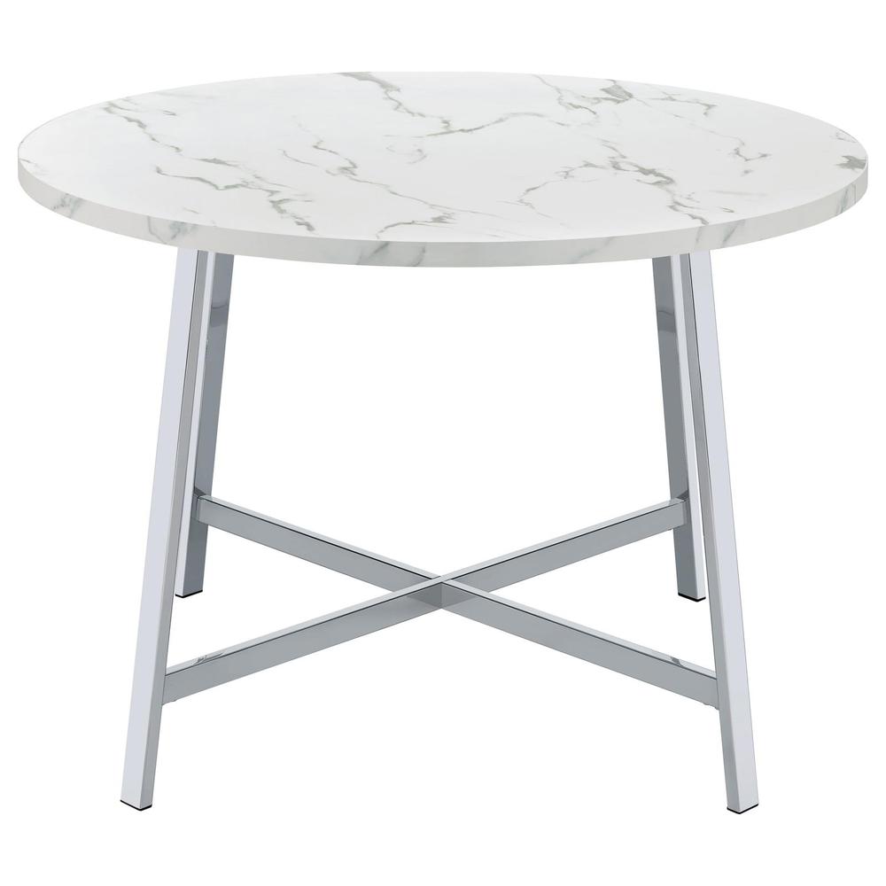 Alcott Round Faux Carrara Marble Top Dining Table Chrome. Picture 4