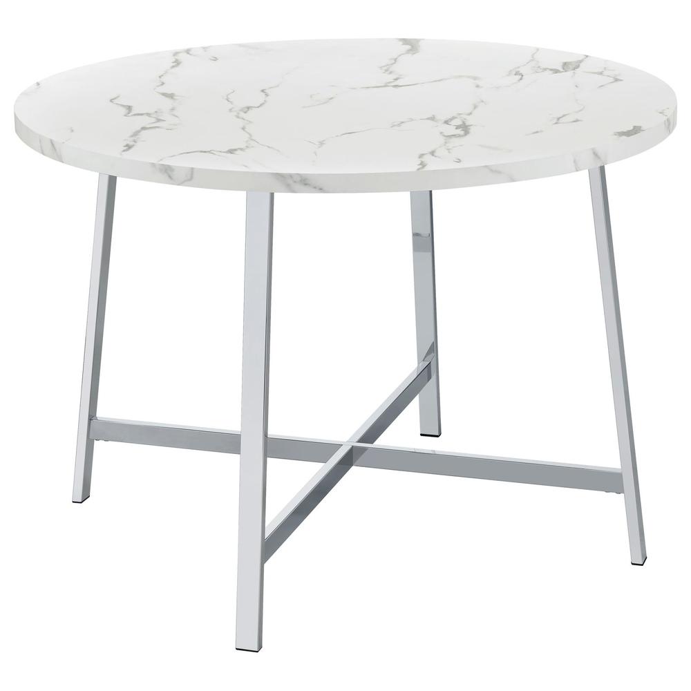 Alcott Round Faux Carrara Marble Top Dining Table Chrome. Picture 5