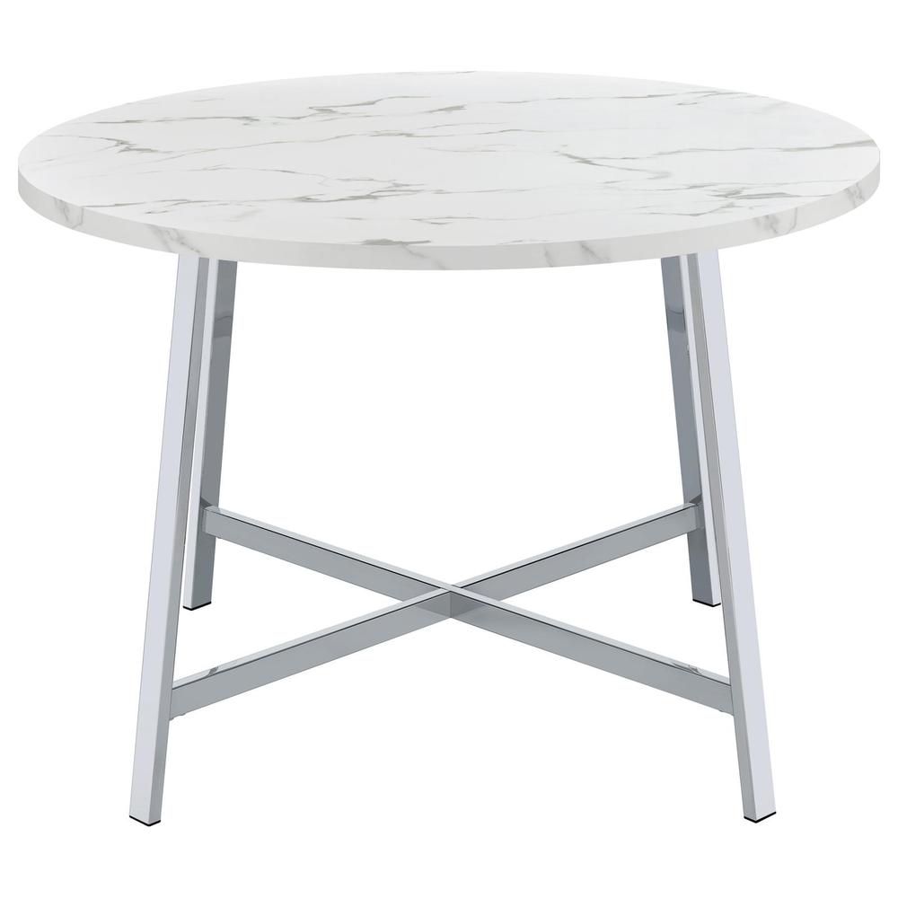 Alcott Round Faux Carrara Marble Top Dining Table Chrome. Picture 6