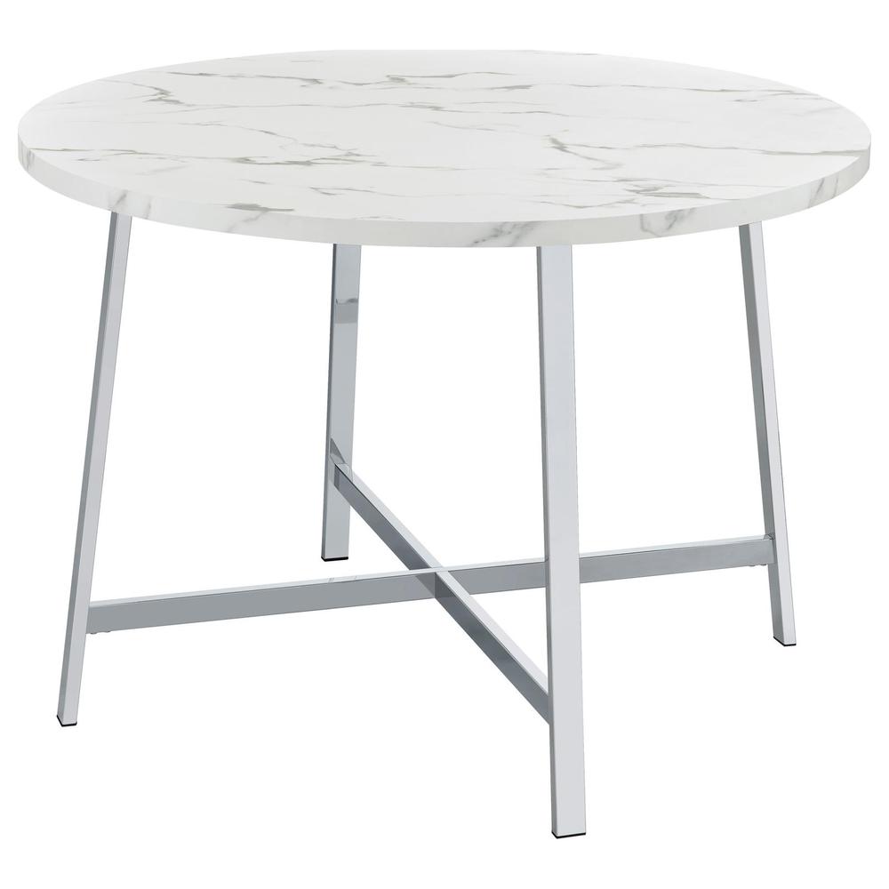 Alcott Round Faux Carrara Marble Top Dining Table Chrome. Picture 7
