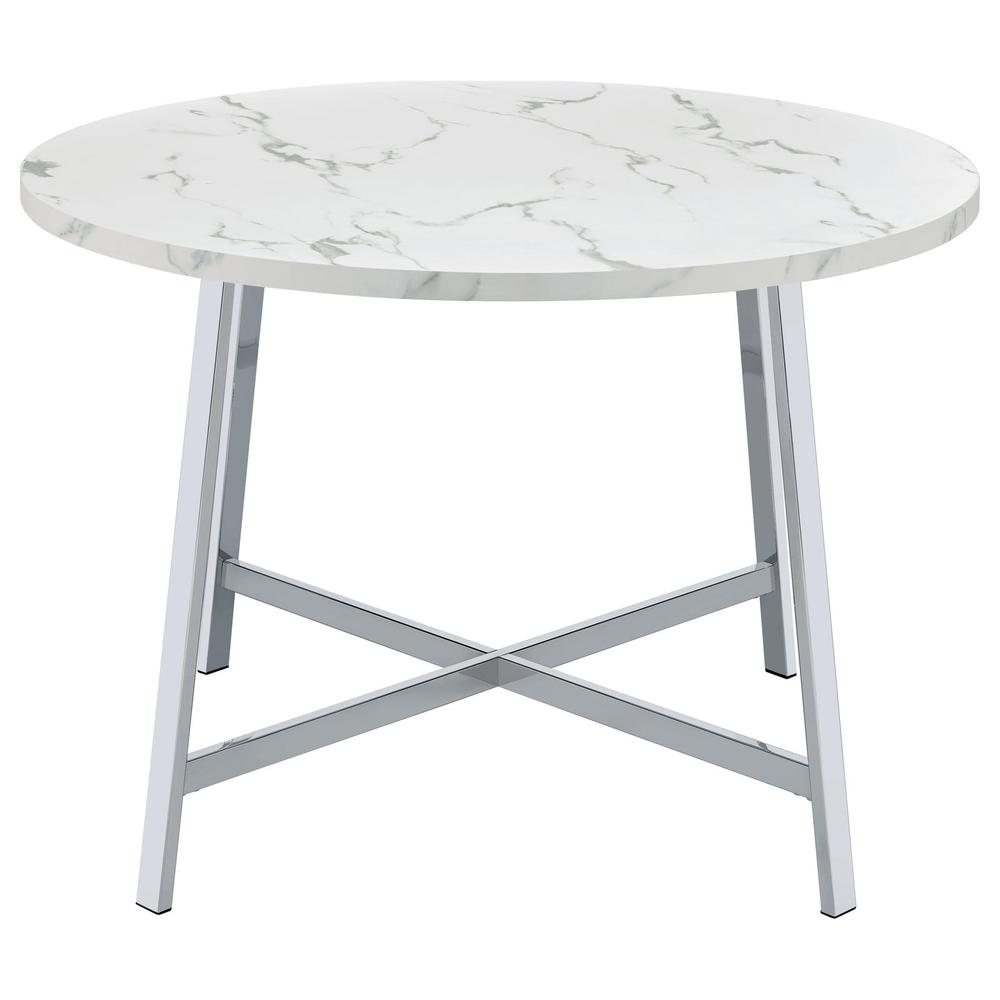 Alcott Round Faux Carrara Marble Top Dining Table Chrome. Picture 8