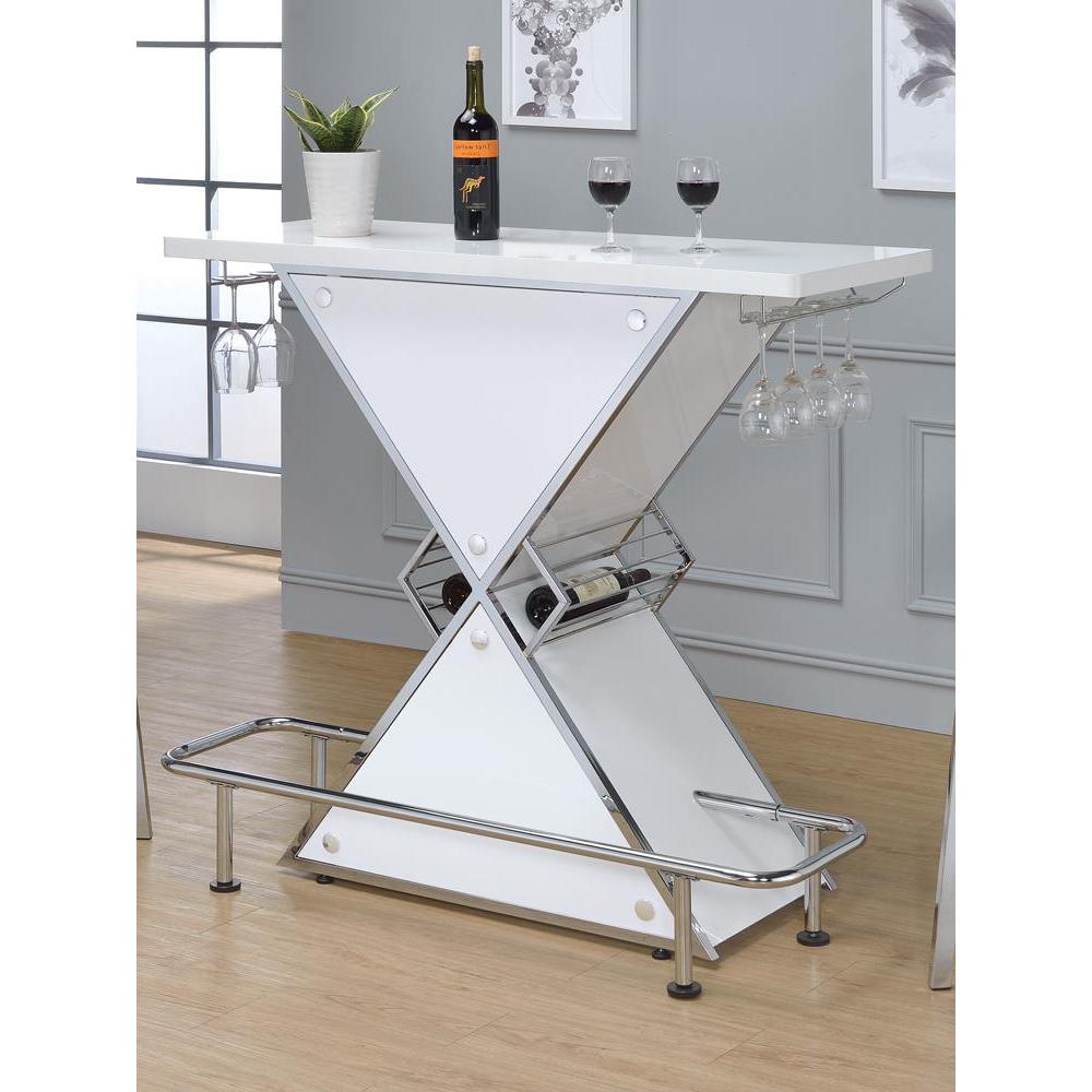 Atoka X-shaped Bar Unit with Wine Bottle Storage Glossy White. Picture 1