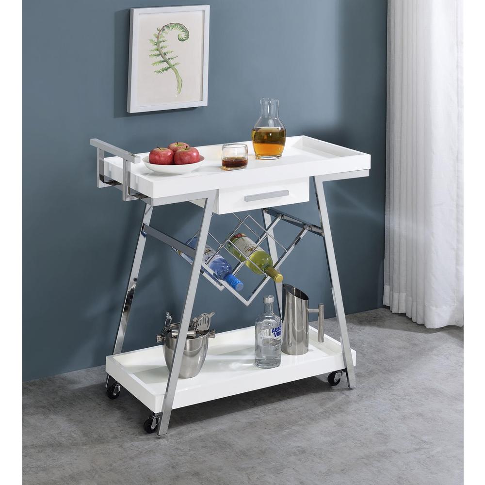 Kinney 2-tier Bar Cart with Storage Drawer White High Gloss and Chrome. Picture 11