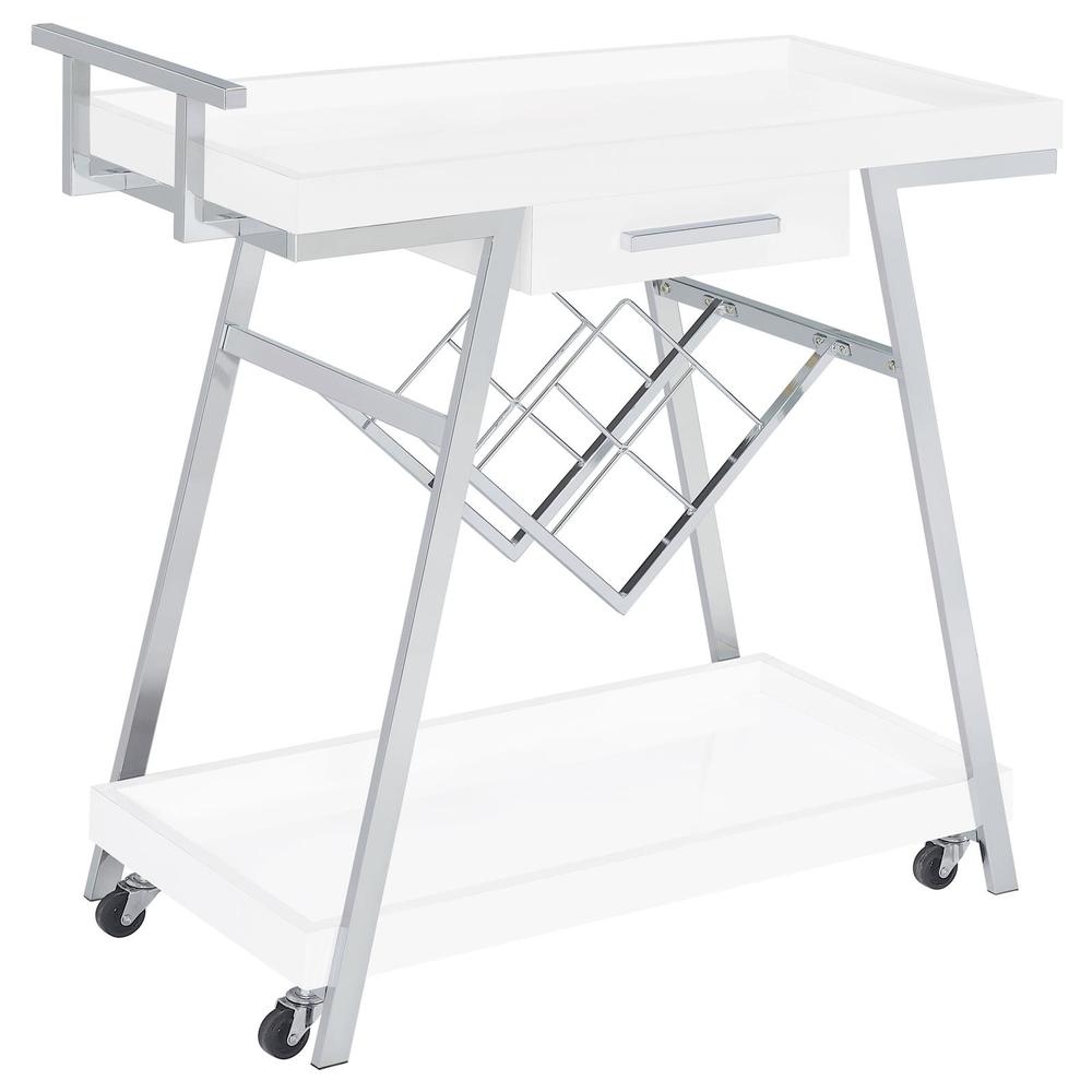 Kinney 2-tier Bar Cart with Storage Drawer White High Gloss and Chrome. Picture 1
