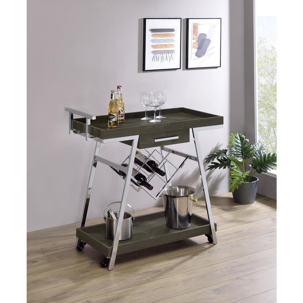Kinney 2-tier Bar Cart with Storage Drawer Rustic Grey and Chrome. Picture 10