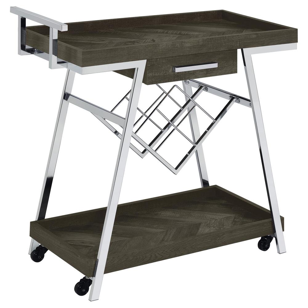 Kinney 2-tier Bar Cart with Storage Drawer Rustic Grey and Chrome. Picture 1