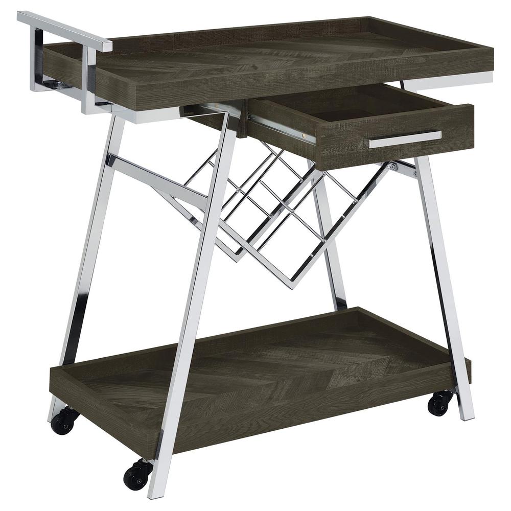 Kinney 2-tier Bar Cart with Storage Drawer Rustic Grey and Chrome. Picture 2