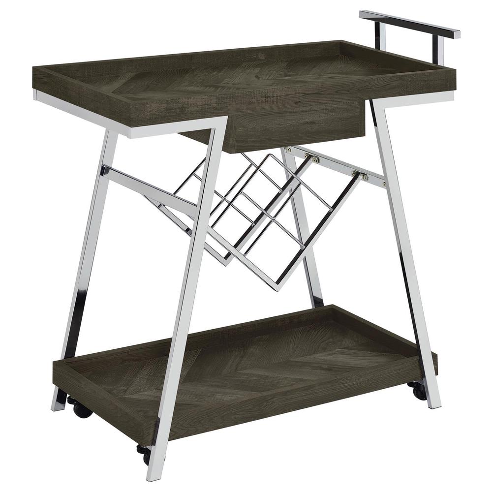 Kinney 2-tier Bar Cart with Storage Drawer Rustic Grey and Chrome. Picture 5
