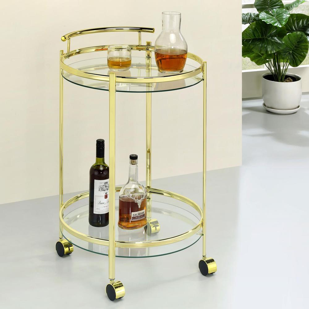 Chrissy 2-tier Round Glass Bar Cart Brass. Picture 1