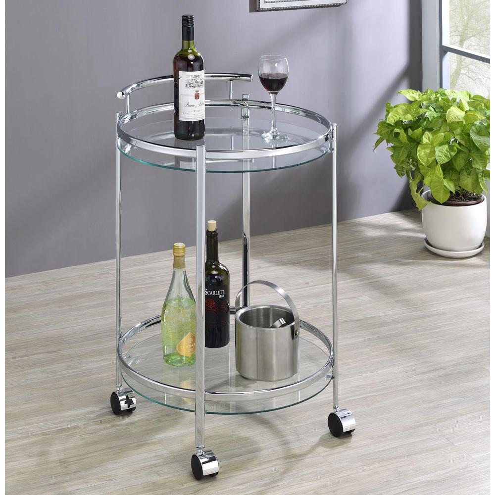 Chrissy 2-tier Round Glass Bar Cart Chrome. Picture 1