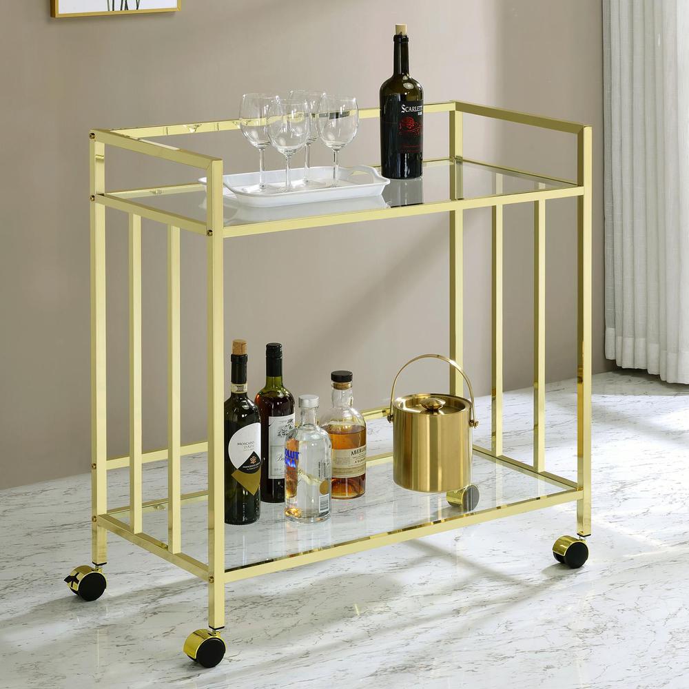 Cara Rectangular Glass Bar Cart Brass. Picture 1
