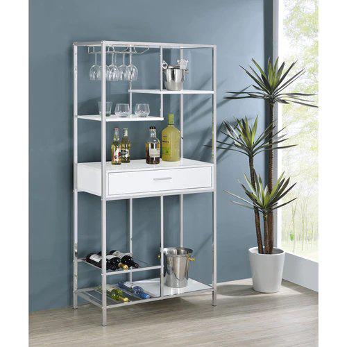 Figueroa 5-shelf Wine Cabinet with Storage Drawer White High Gloss and Chrome. Picture 1