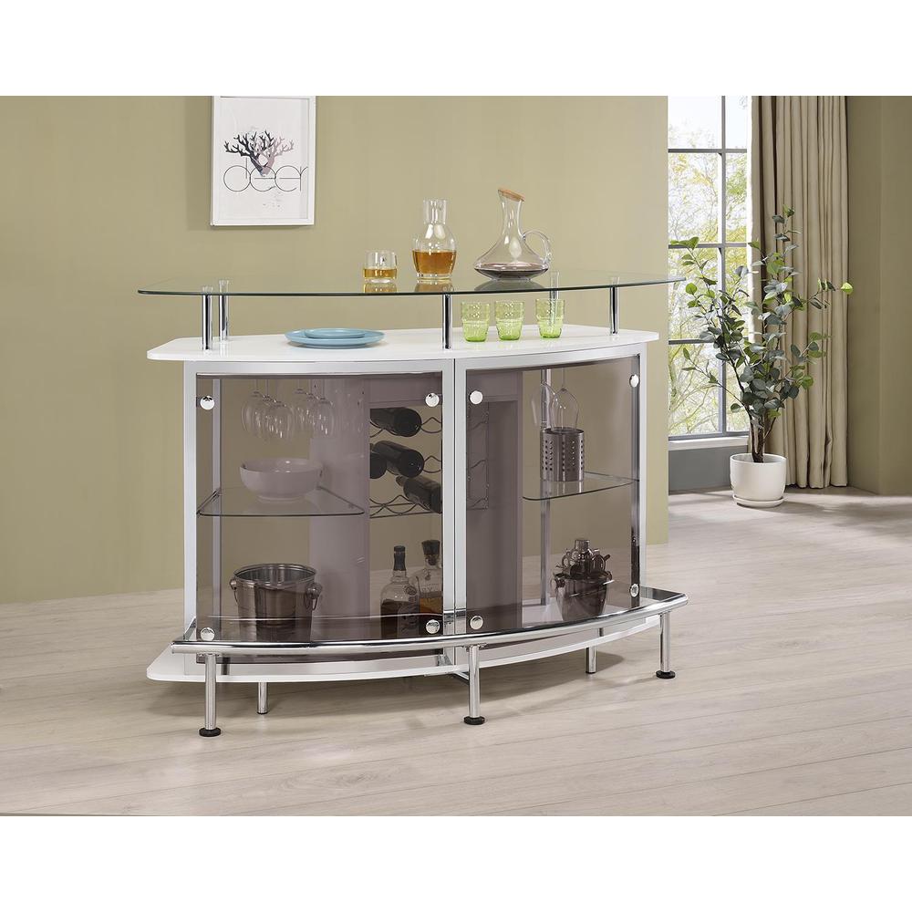 Gideon Crescent Shaped Glass Top Bar Unit with Drawer. Picture 1