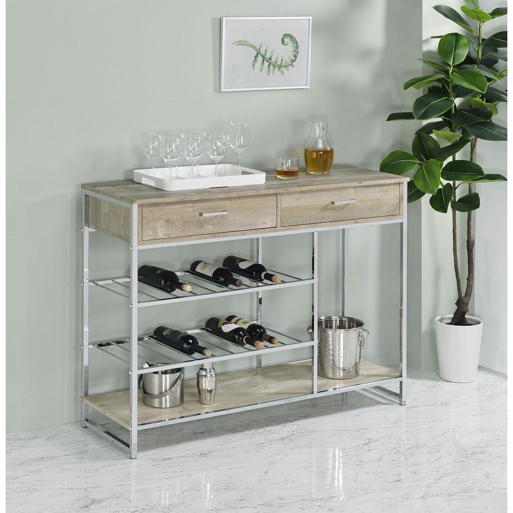 Melrose 2-shelf Wine Cabinet with 2 Drawers Gray Washed Oak and Chrome. Picture 10