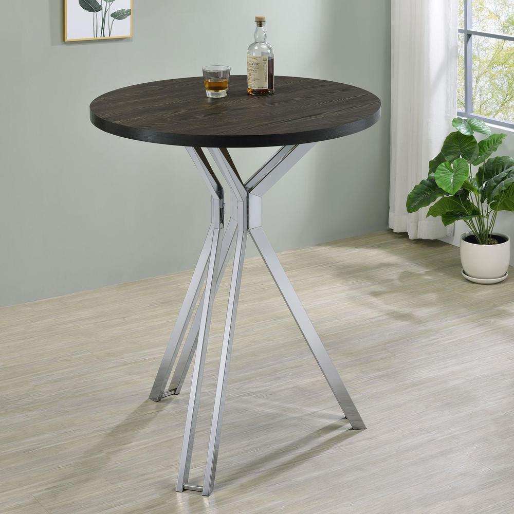 Edgerton Round Wood Top Bar Table Dark Oak and Chrome. Picture 1