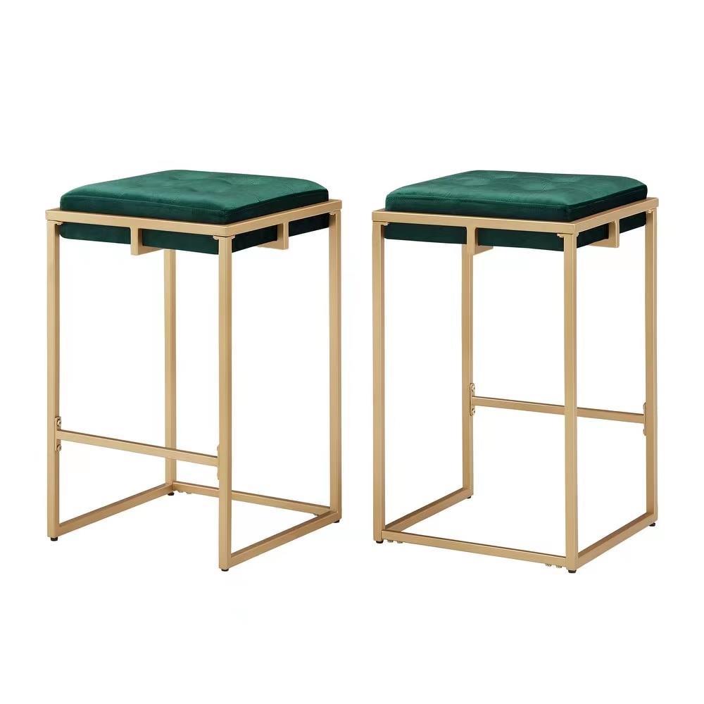 Nadia Square Padded Seat Counter Height Stool (Set of 2) Hunter Green and Gold. Picture 1