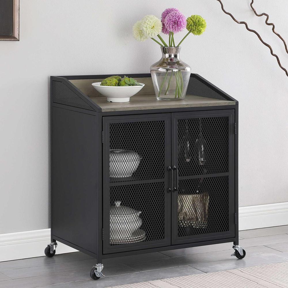 Arlette Wine Cabinet with Wire Mesh Doors Grey Wash and Sandy Black. Picture 1