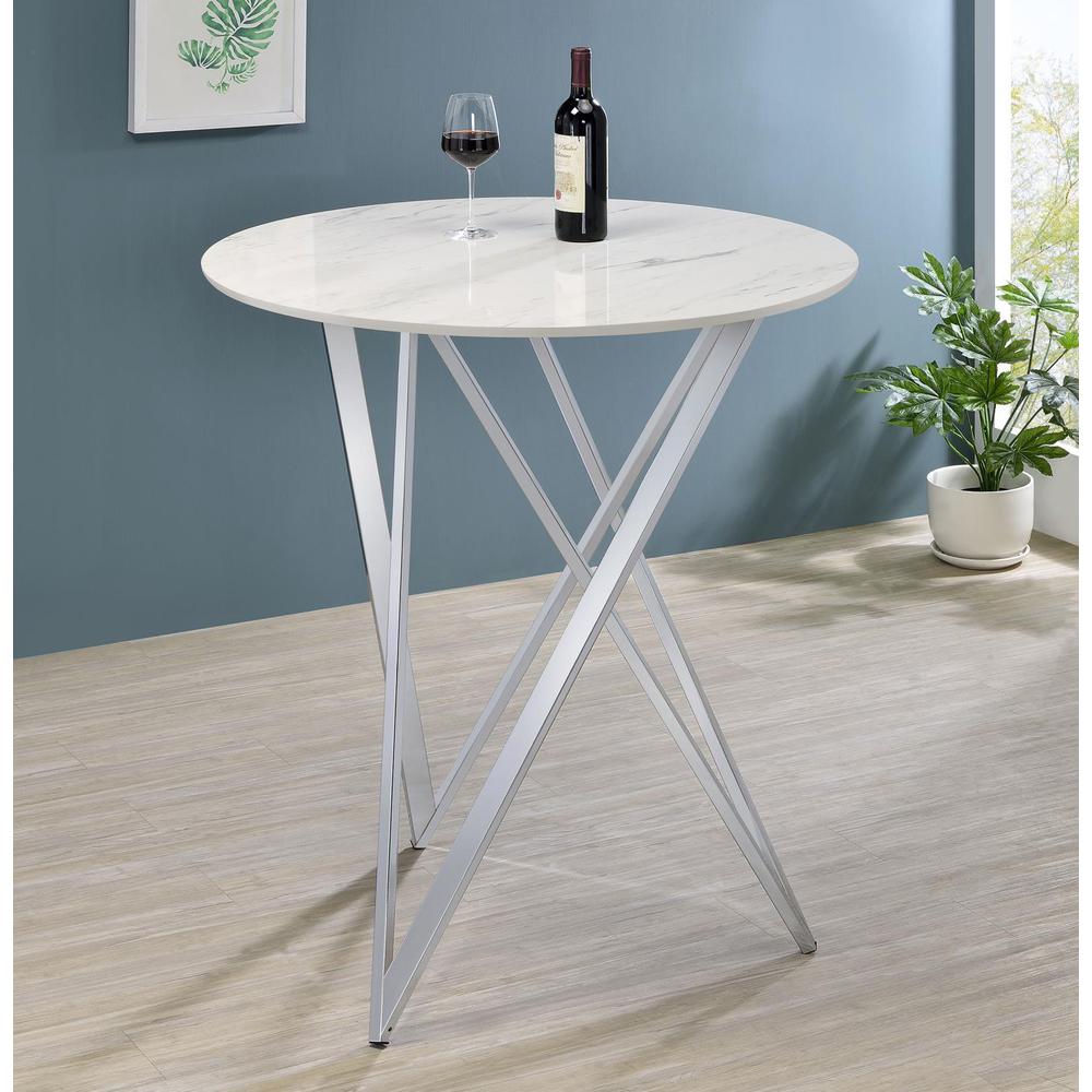 Bexter Faux Marble Round Top Bar Table White and Chrome. Picture 1