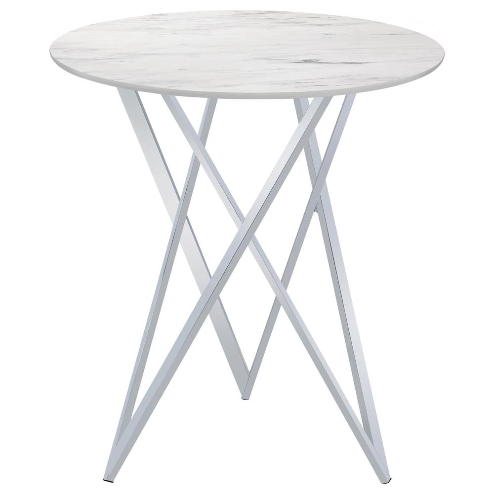 Bexter Faux Marble Round Top Bar Table White and Chrome. Picture 3
