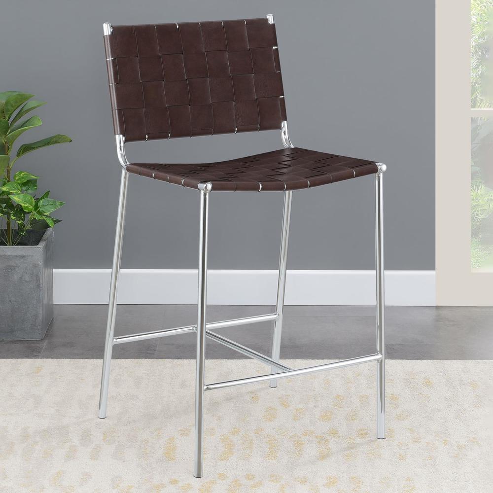 Adelaide Upholstered Counter Height Stool with Open Back Brown and Chrome. Picture 1