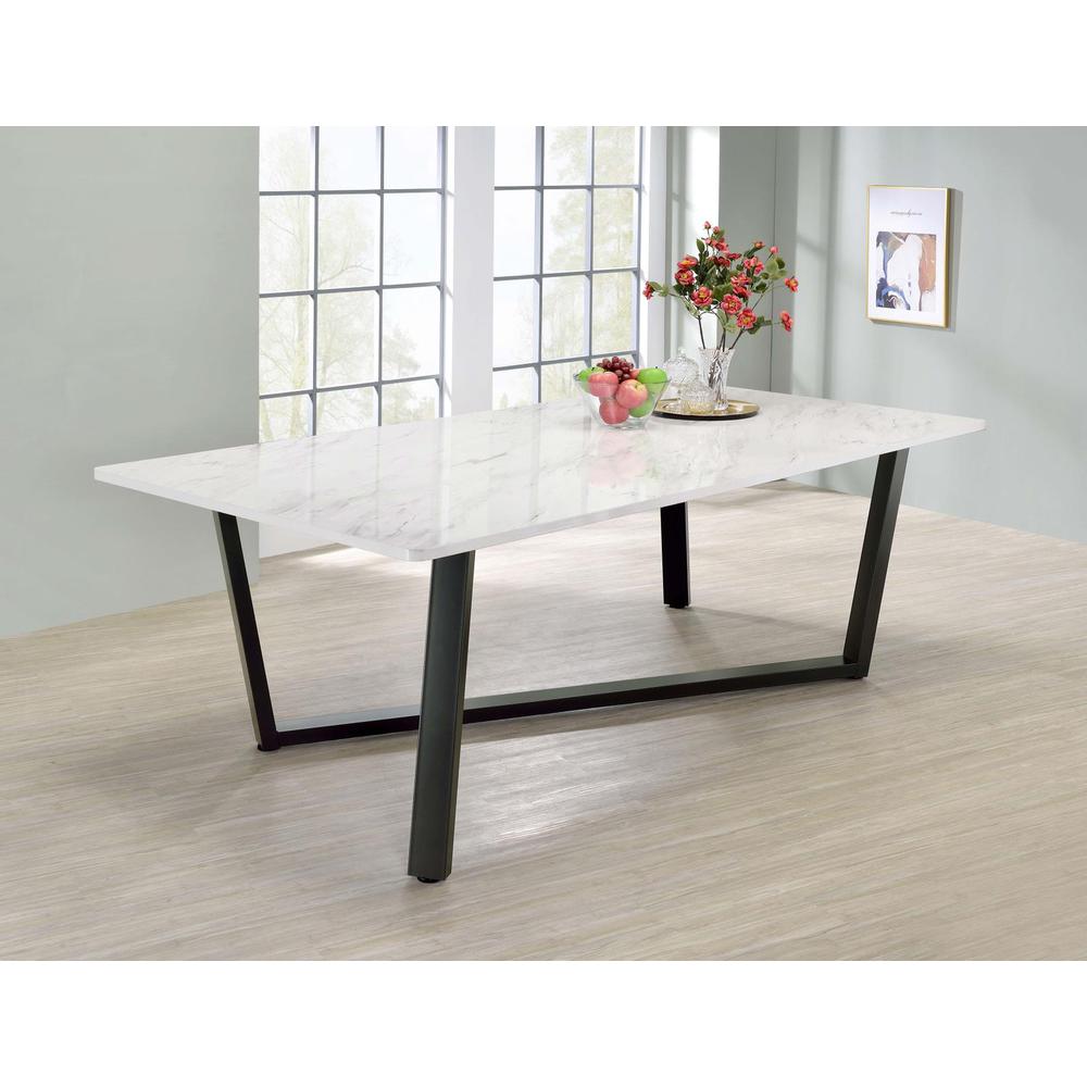 Mayer Rectangular Dining Table Faux White Marble and Gunmetal. Picture 1