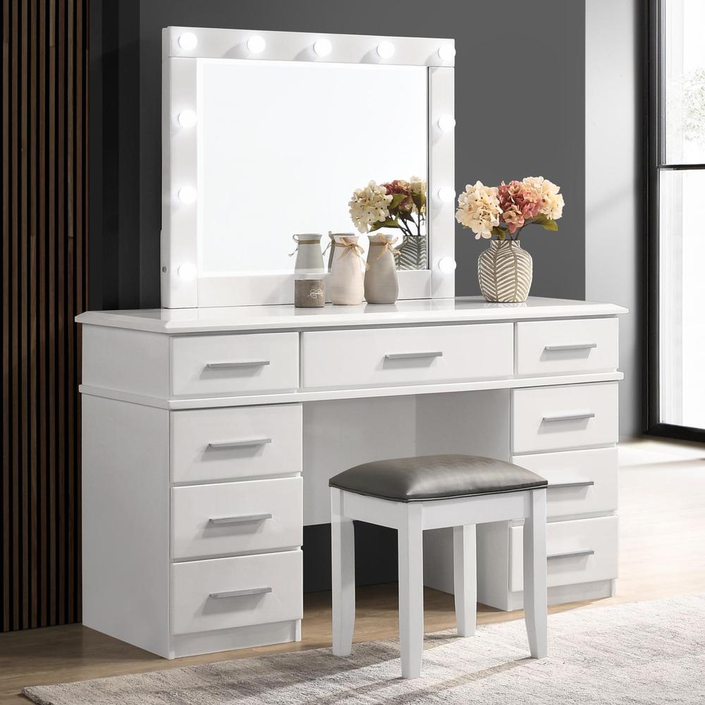 Felicity 9-drawer Vanity Desk with Lighted Mirror Glossy White. Picture 6