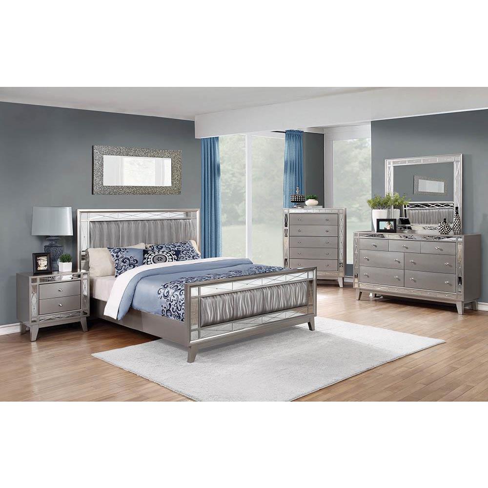 Leighton Queen Panel Bed with Mirrored Accents Mercury Metallic. Picture 1