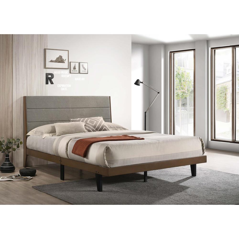 Mays Upholstered Eastern King Platform Bed Walnut Brown and Grey. Picture 1