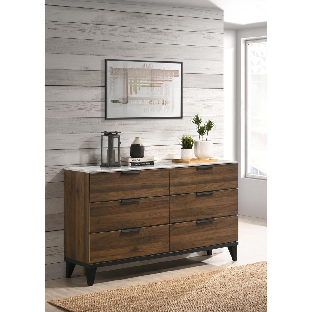 Mays 6-drawer Dresser Walnut Brown with Faux Marble Top. Picture 1