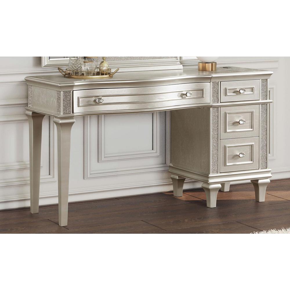 Evangeline 4-drawer Vanity Table with Faux Diamond Trim Silver and Ivory. Picture 11