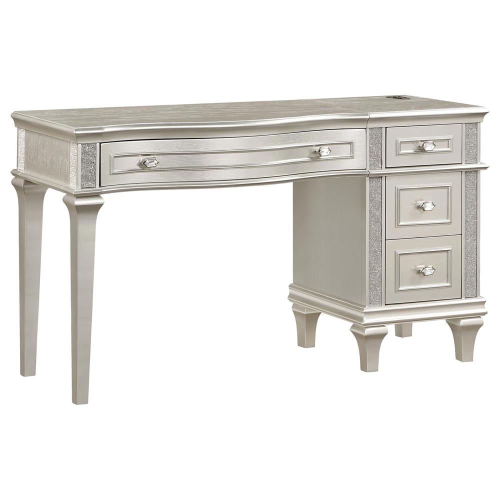 Evangeline 4-drawer Vanity Table with Faux Diamond Trim Silver and Ivory. Picture 10