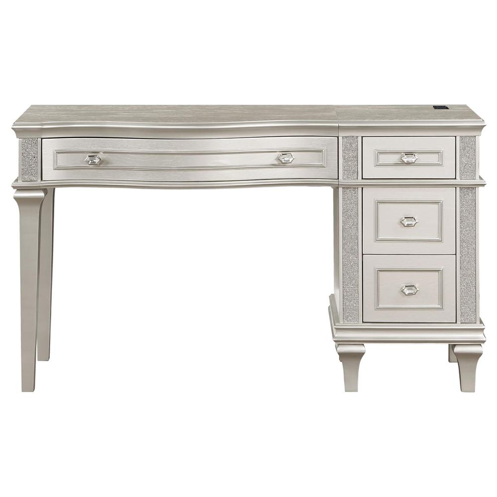 Evangeline 4-drawer Vanity Table with Faux Diamond Trim Silver and Ivory. Picture 1