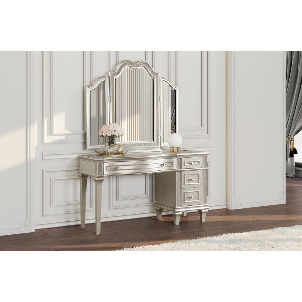 Evangeline 4-drawer Vanity Table with Faux Diamond Trim Silver and Ivory. Picture 8