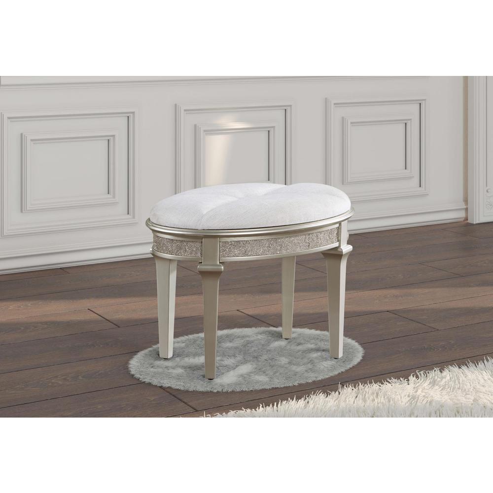 Evangeline Oval Vanity Stool with Faux Diamond Trim Silver and Ivory. Picture 8
