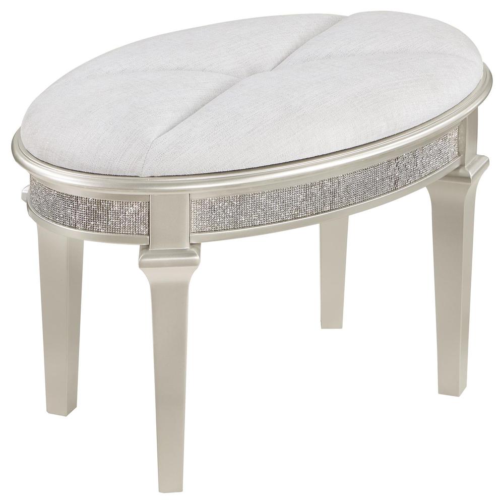 Evangeline Oval Vanity Stool with Faux Diamond Trim Silver and Ivory. Picture 7