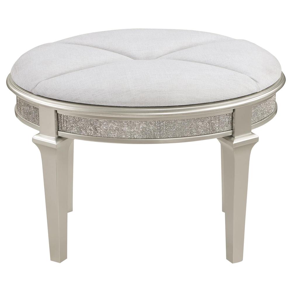 Evangeline Oval Vanity Stool with Faux Diamond Trim Silver and Ivory. Picture 1