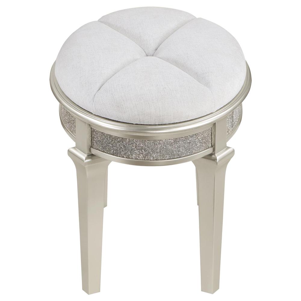 Evangeline Oval Vanity Stool with Faux Diamond Trim Silver and Ivory. Picture 2