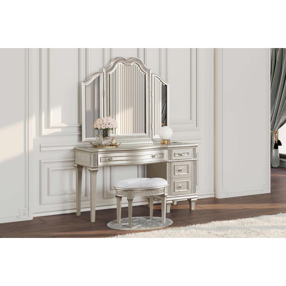 Evangeline Oval Vanity Stool with Faux Diamond Trim Silver and Ivory. Picture 6