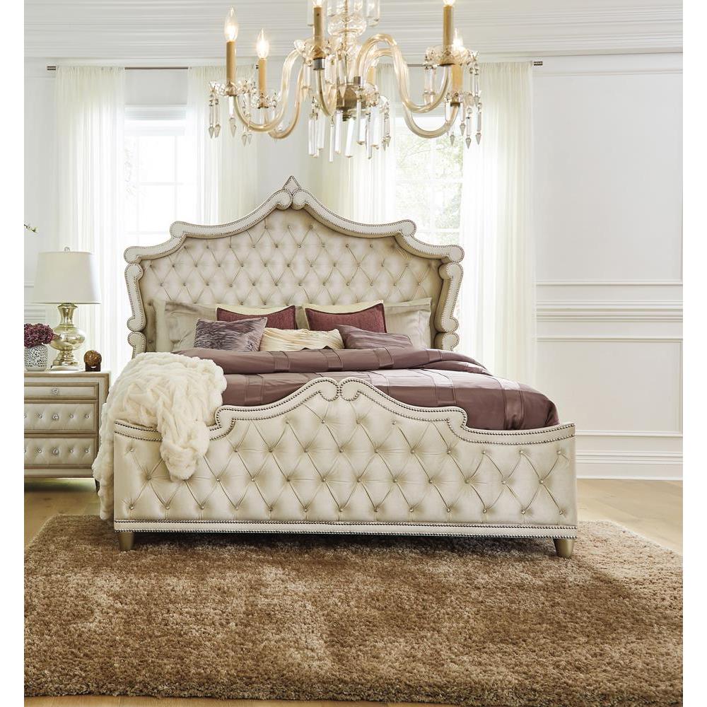 Antonella Upholstered Tufted Eastern King Bed Ivory and Camel. Picture 1