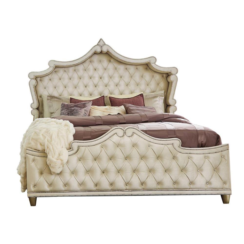 Antonella Upholstered Tufted Eastern King Bed Ivory and Camel. Picture 2