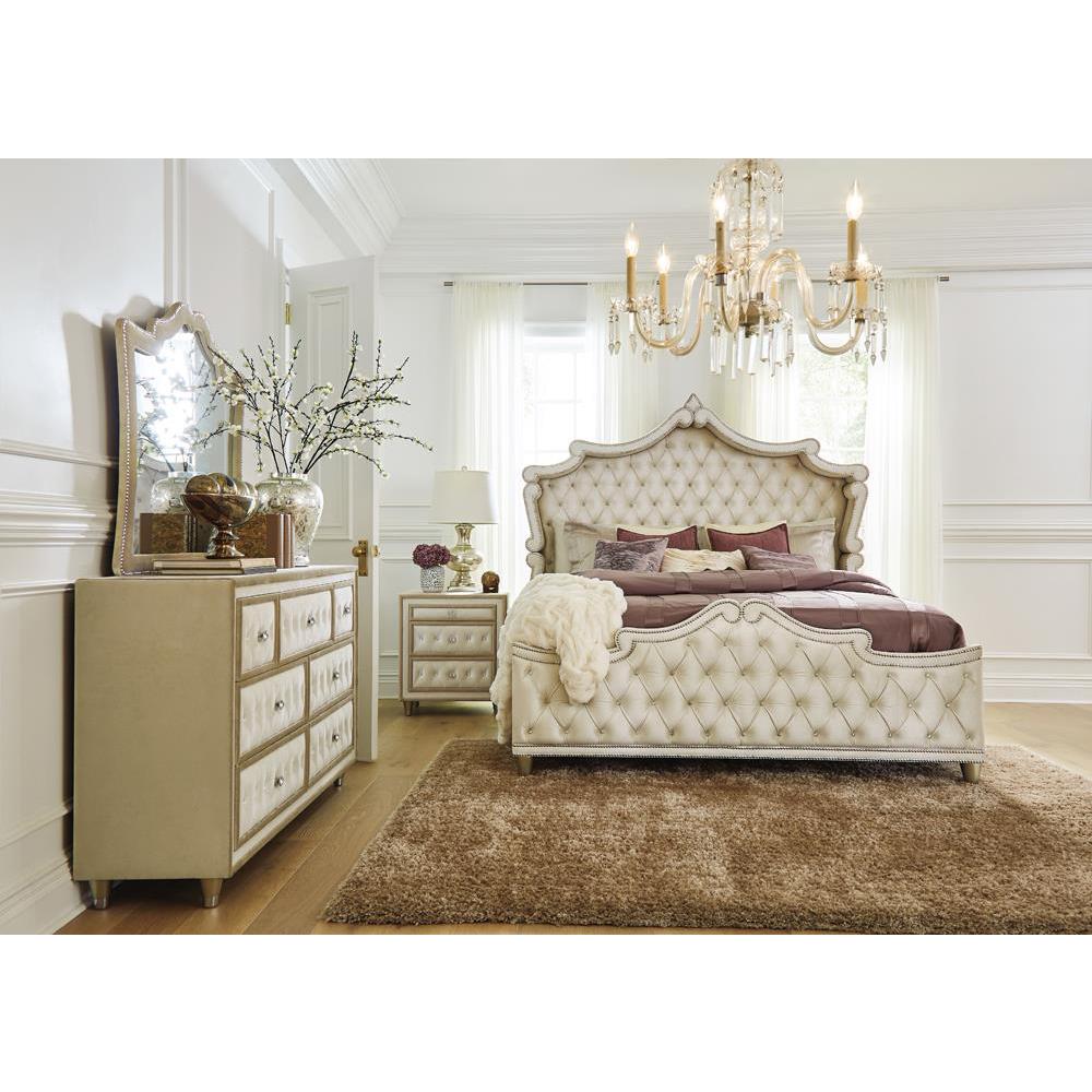 Antonella Upholstered Tufted Eastern King Bed Ivory and Camel. Picture 3