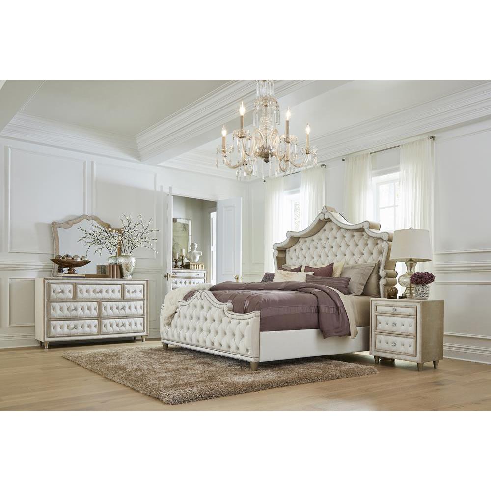 Antonella Upholstered Tufted Eastern King Bed Ivory and Camel. Picture 4