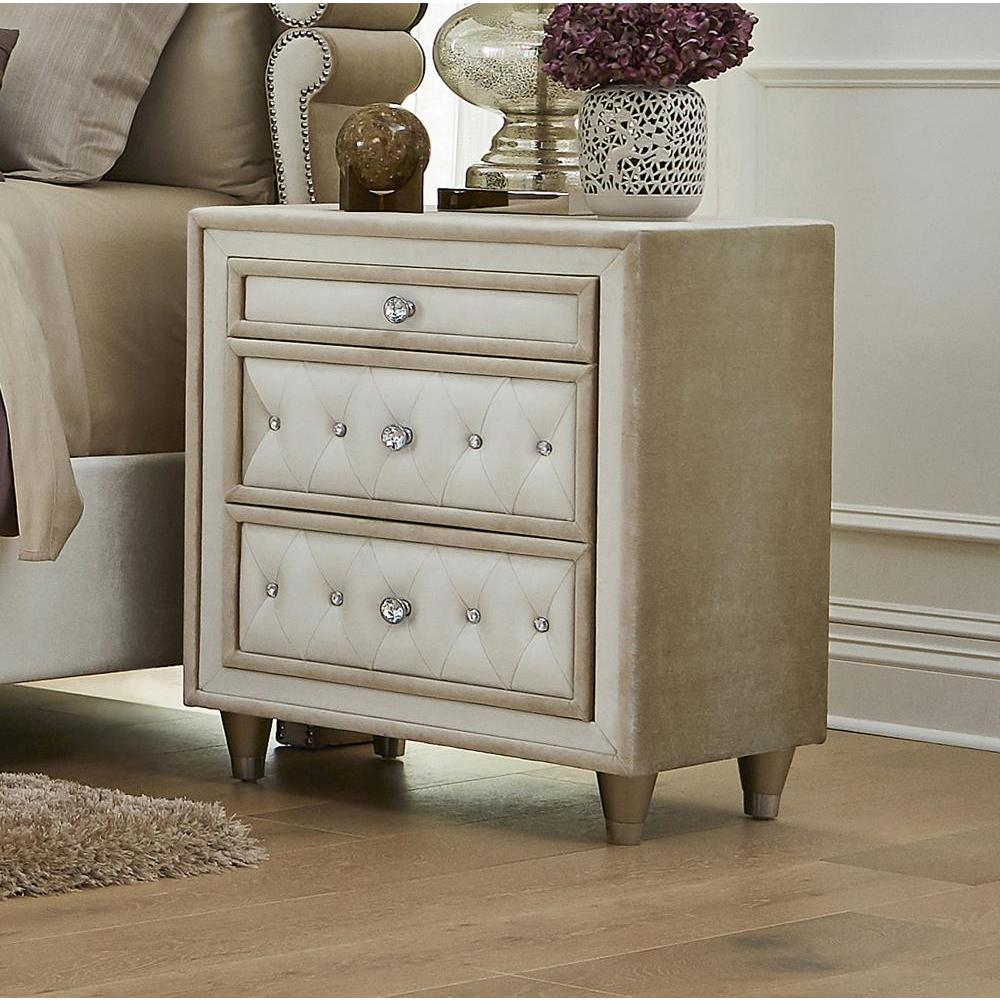 Antonella 3-drawer Upholstered Nightstand Ivory and Camel. Picture 1