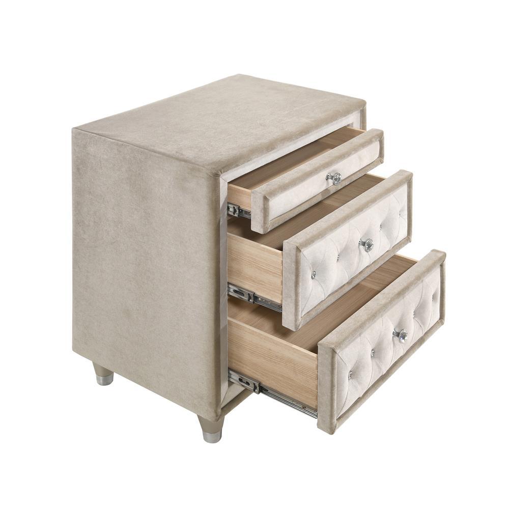 Antonella 3-drawer Upholstered Nightstand Ivory and Camel. Picture 3