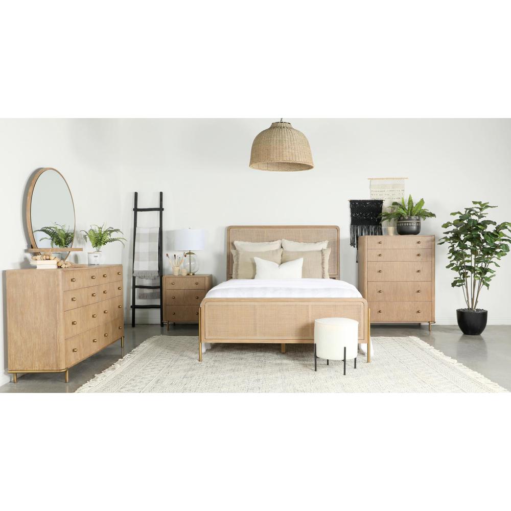 Arini Upholstered Eastern King Panel Bed Sand Wash and Natural Cane. Picture 1